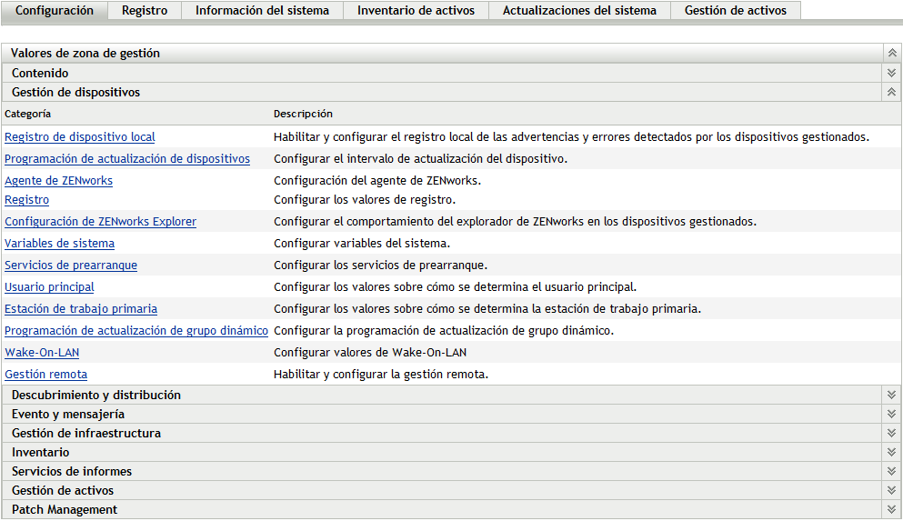 Panel Ajustes de zona de gestión (Configuración > pestaña Gestión de dispositivos)