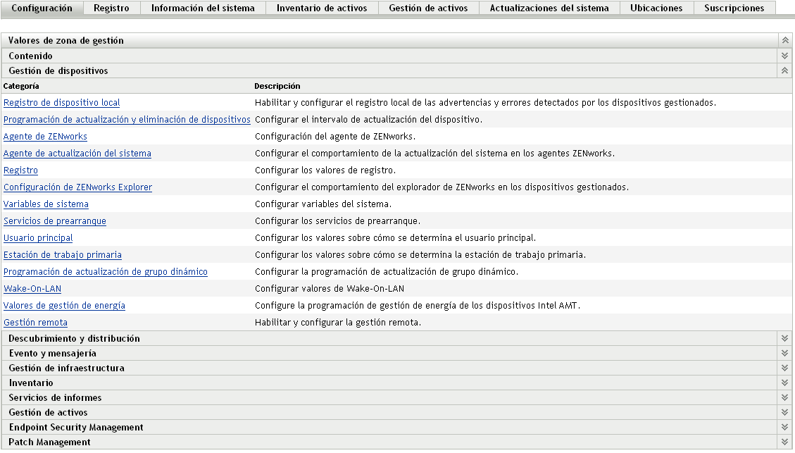 pestaña Configuración > panel Gestión de dispositivos