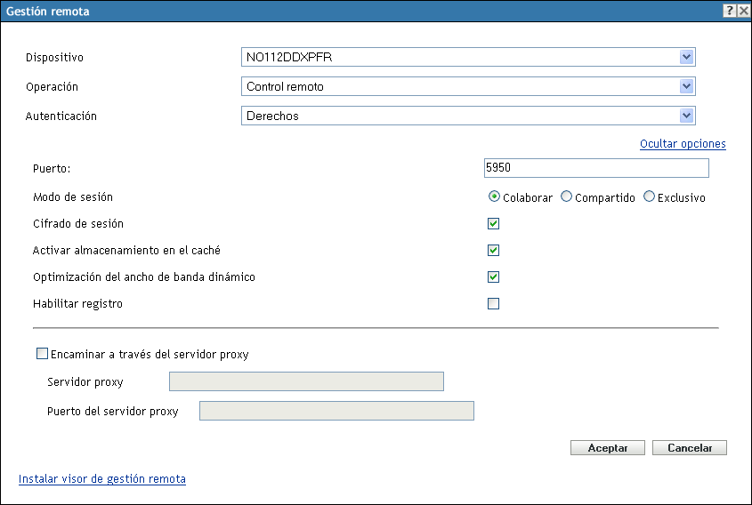 Recuadro de diálogo Gestión remota