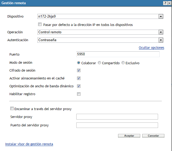 Recuadro de diálogo Gestión remota