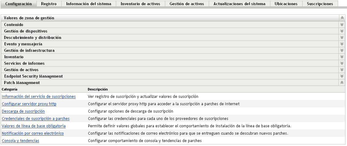 Pestaña Configuración, sección Patch Management