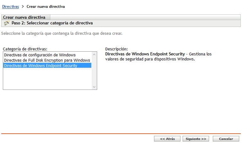 Página Seleccionar categoría de directivas del asistente Crear nueva directiva