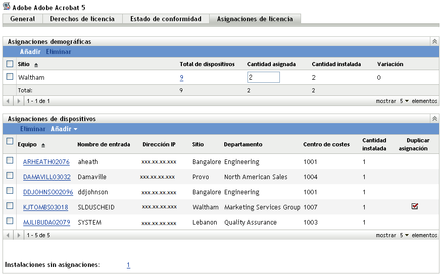 Página Asignaciones de licencia