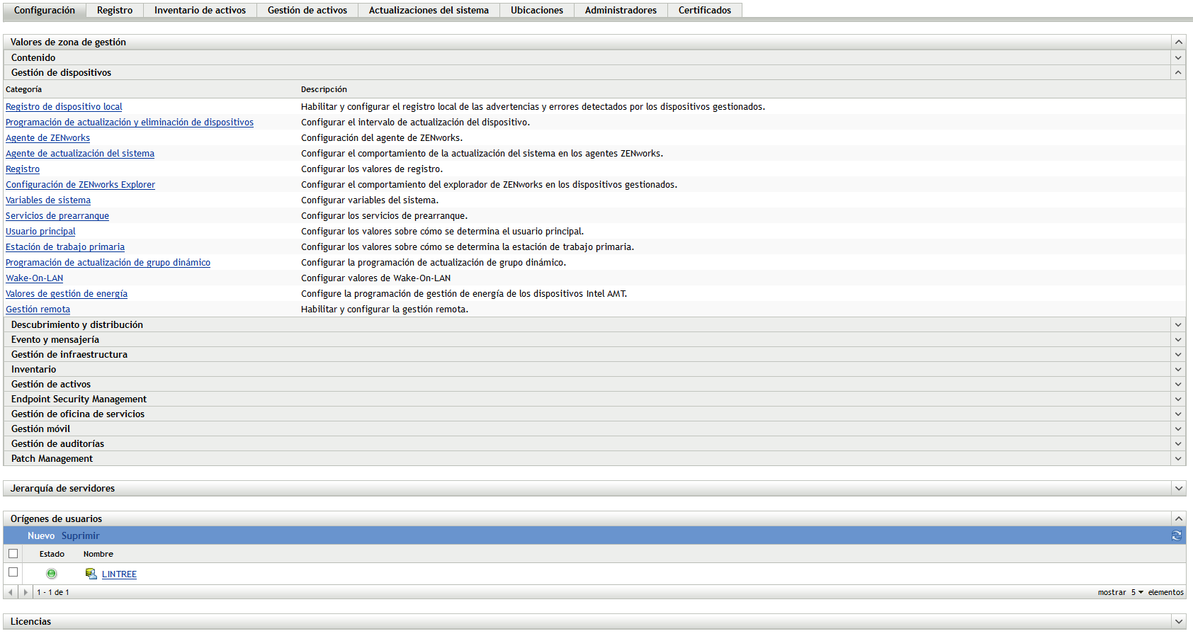 pestaña Configuración > panel Gestión de dispositivos