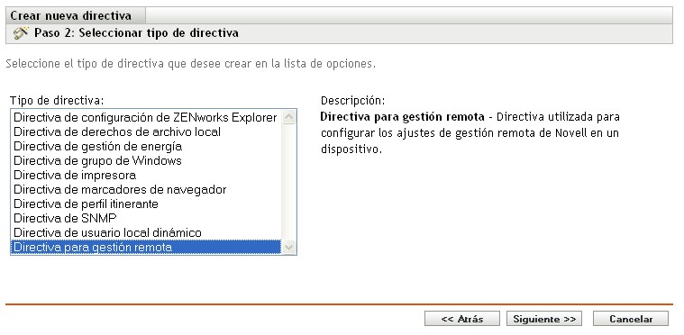 Página Seleccionar tipo de directiva del asistente Crear nueva directiva