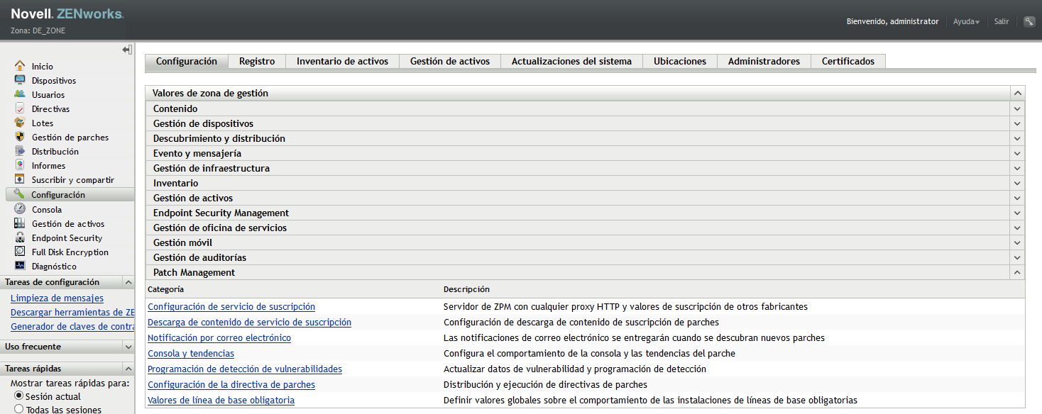 Pestaña Configuración, sección Patch Management