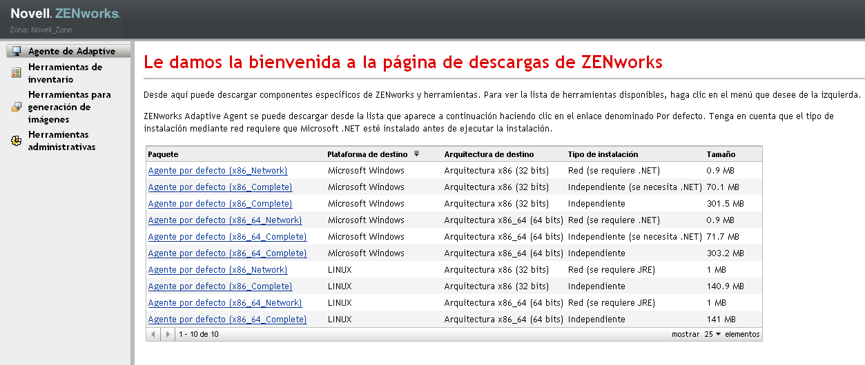 Página de descarga de ZENworks