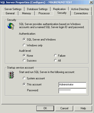 Pestaña Seguridad del recuadro de diálogo Propiedades de SQL Server
