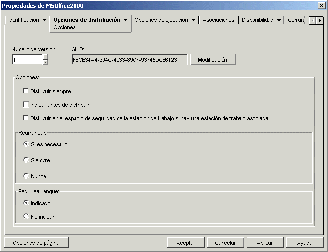 Página Opciones de Distribución del objeto Aplicación