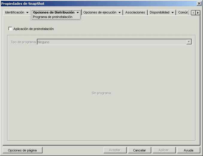 Página Programa de preinstalación del objeto Aplicación