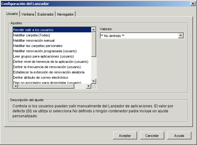 Página de ajustes de configuración del Lanzador con la pestaña Usuario abierta