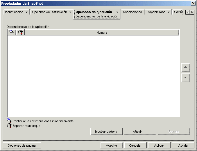 Página Dependencias de la aplicación del objeto Aplicación
