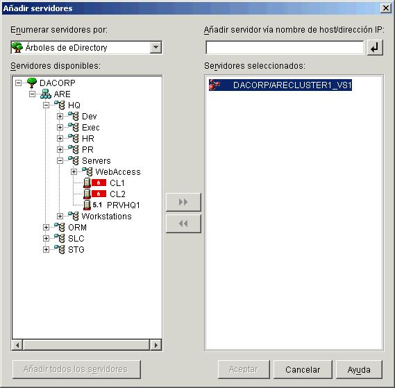 Recuadro de diálogo Añadir servidores que muestra el objeto de servidor virtual añadido a la lista Servidores seleccionados.