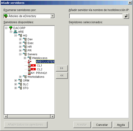 Recuadro de diálogo Añadir servidores con el objeto de servidor virtual visible en la estructura del árbol.