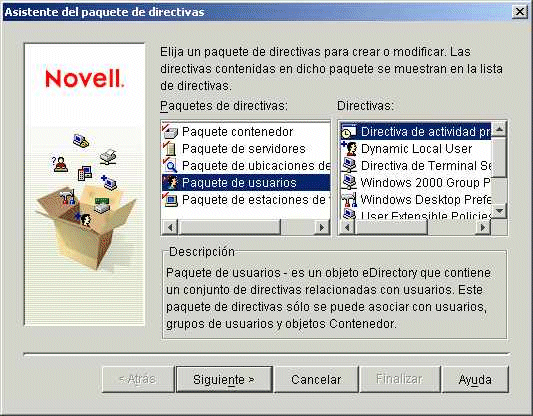 Página de selección del paquete de directivas del Asistente del paquete de directivas