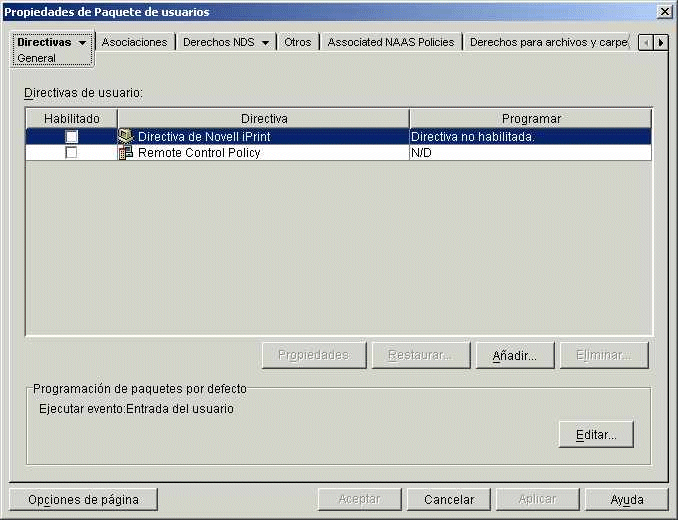 Página Directivas generales con un objeto de paquete de usuarios