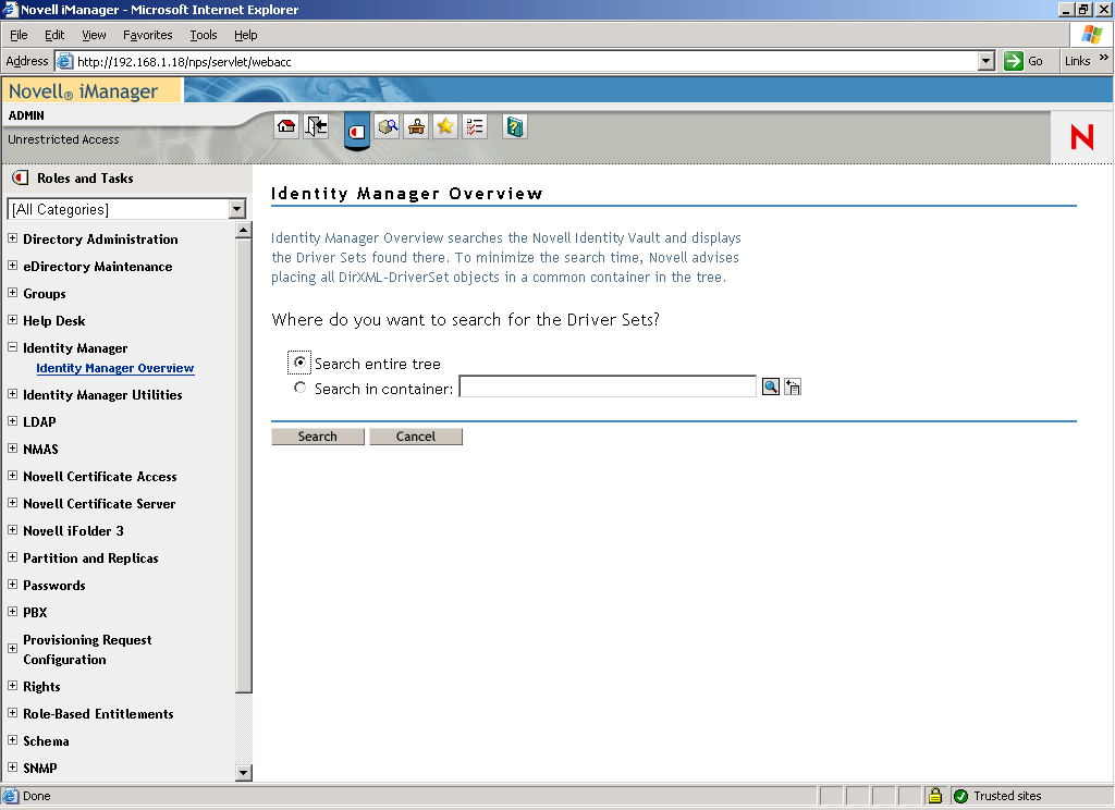 Utilidad Descripción general de DirXML en Novell iManager.