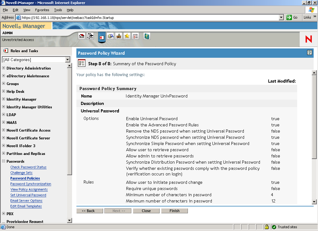 Página Paso 8 del asistente Password Policy Wizard con el resumen de directivas de contraseñas mostradas.