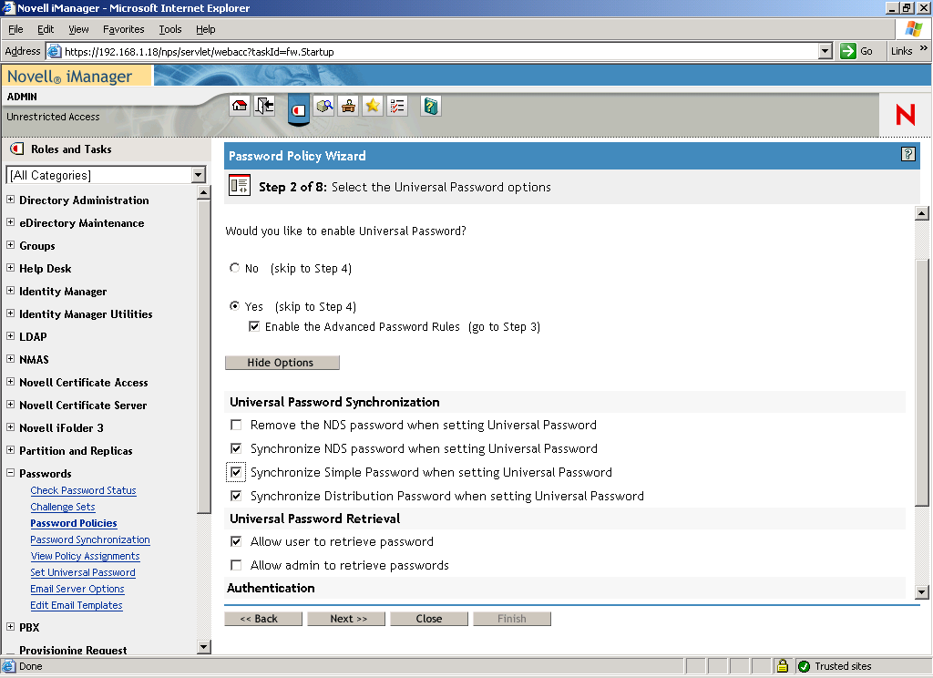 Página Paso 2 del asistente Password Policy Wizard con las opciones de sincronización de contraseñas mostradas.