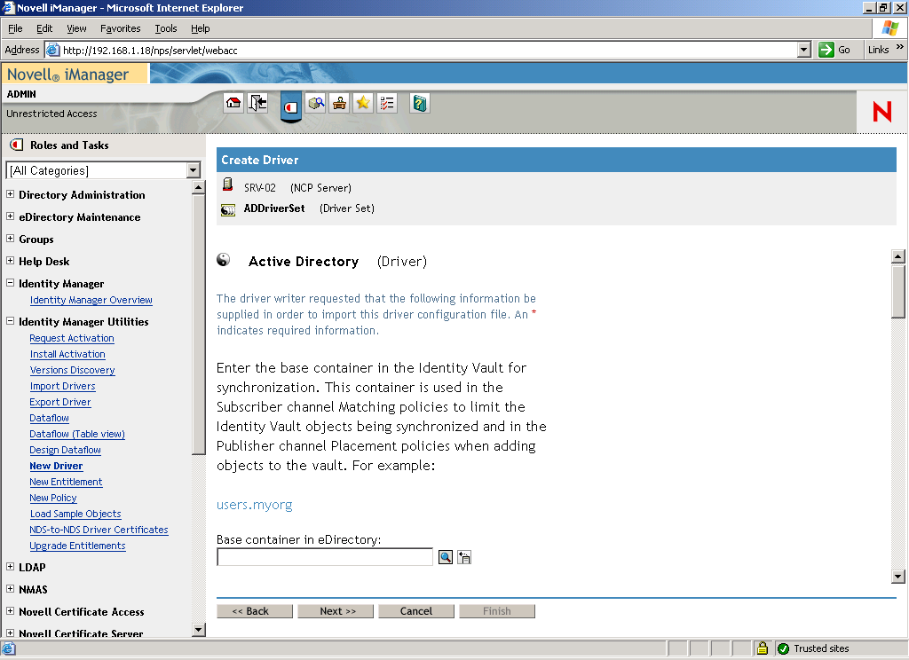Create Driver Wizard abierto en la página principal de Novell iManager. También está abierta la página Active Directory Driver Set.