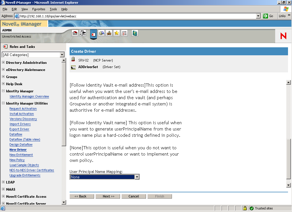 Create Driver Wizard abierto en la página principal de Novell iManager. También está abierta la página Active Directory Driver Set.