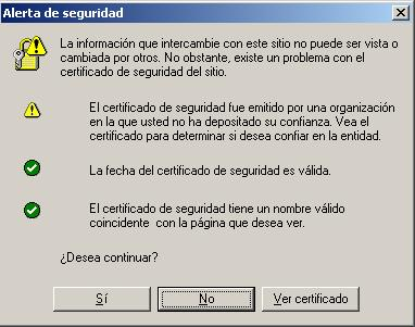 Recuadro de diálogo de alerta de seguridad que muestra un estado de advertencia