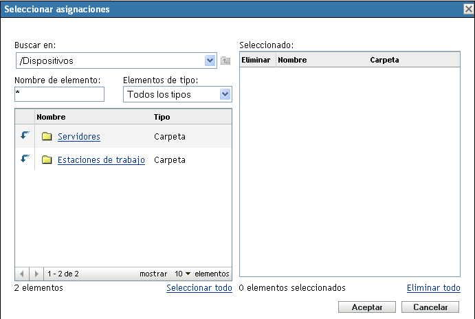 Recuadro de diálogo Seleccionar asignaciones