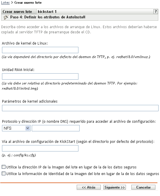 Página del paso 4 para crear un lote nuevo: Definir los atributos de Autoinstall (campos Archivos de kernel de Linux y Unidad RAM inicial)