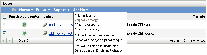 Opciones del menú Acción de la pestaña Lotes