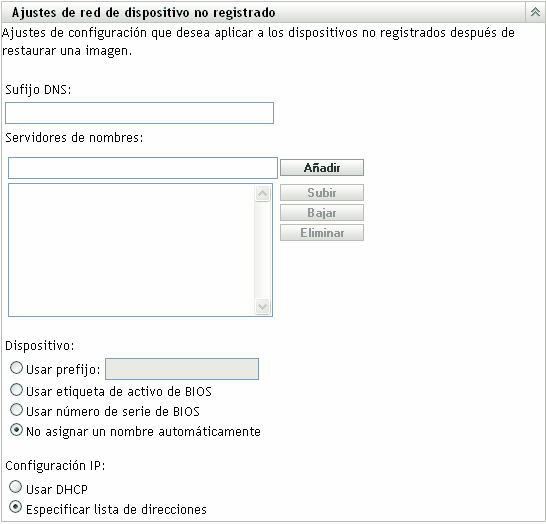 Sección Ajustes de red de dispositivo no registrado