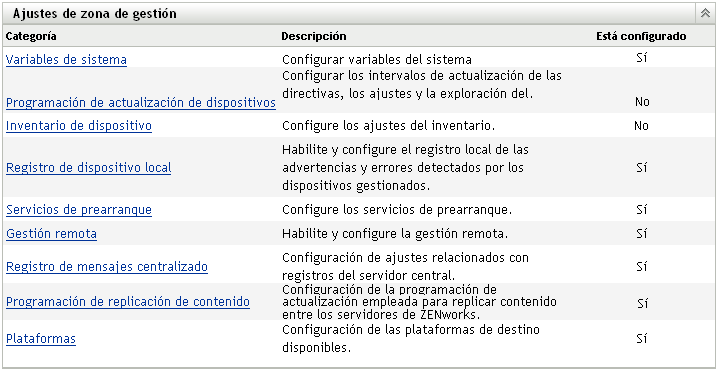 Menú Ajustes de zona de gestión