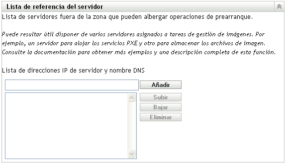 Sección Lista de referencia del servidor