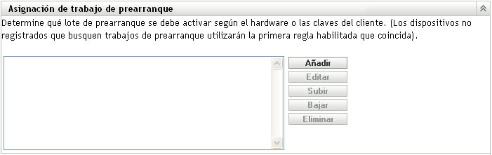 Sección Asignación de trabajo de prearranque