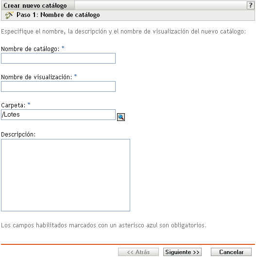 Página Paso 1: Nombre de catálogo