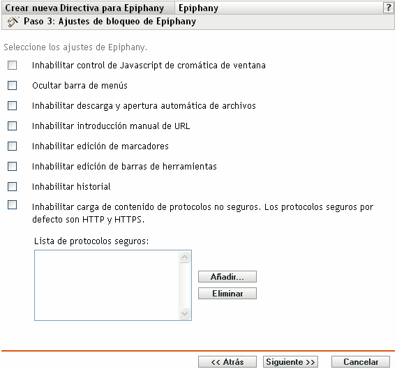 Página Ajustes de bloqueo de Epiphany