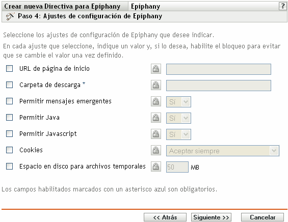 Página Ajustes de configuración de Epiphany