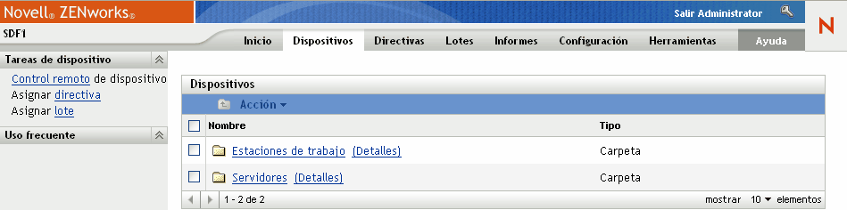 Pestaña Dispositivos en la que se muestran las carpetas Servidores y Estaciones de trabajo