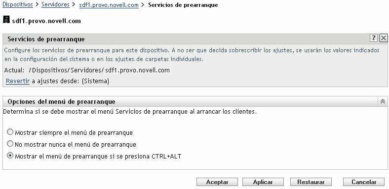 Página Servicios de prearranque de la carpeta Servidores