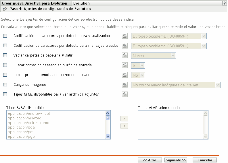 Página Ajustes de configuración de Evolution