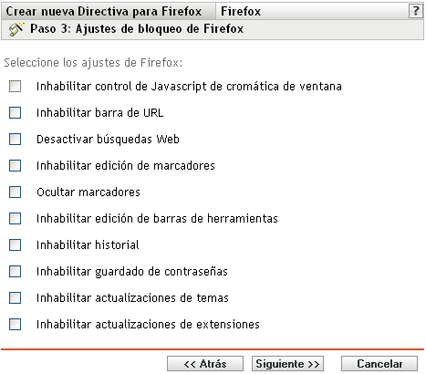 Página Ajustes de bloqueo de Firefox