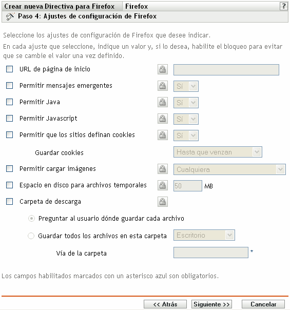 Página Ajustes de configuración de Firefox