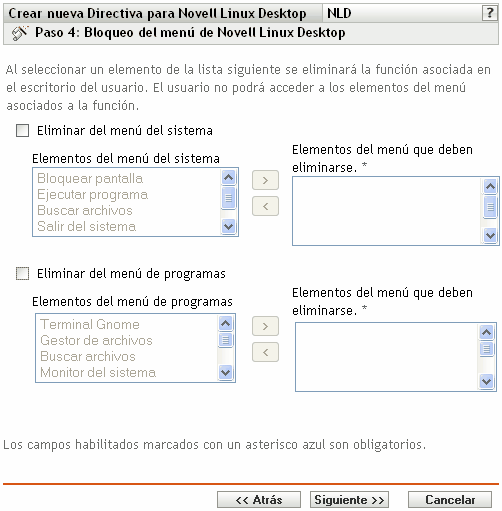 Página Bloqueo del menú de Novell Linux Desktop