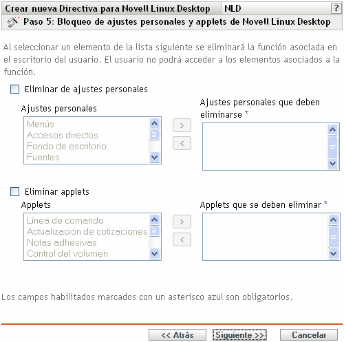 Página Bloqueo de ajustes personales y applets de Novell Linux Desktop