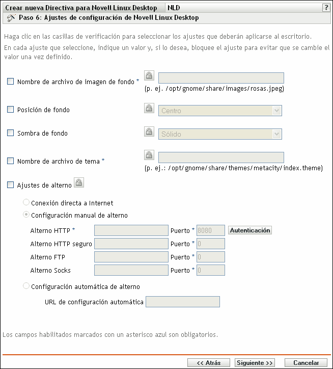 Página Ajustes de configuración de Novell Linux Desktop