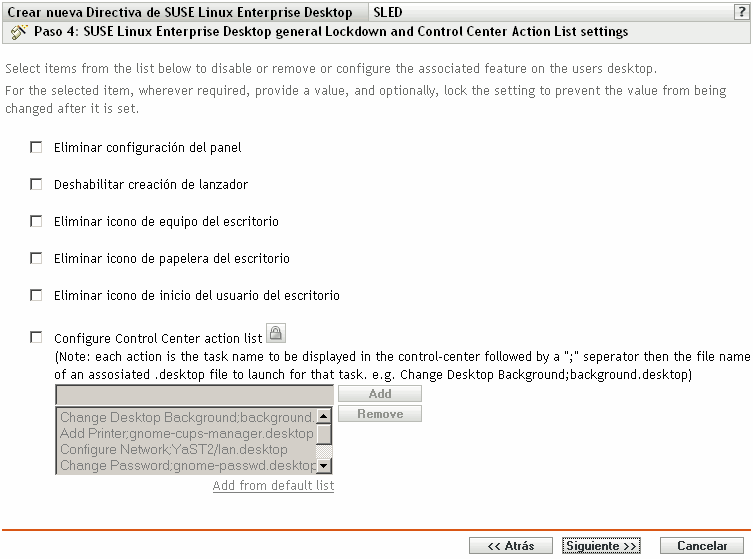 Página Valores de bloqueo y de configuración de la lista de acciones del Centro de control de SUSE Linux Enterprise Desktop