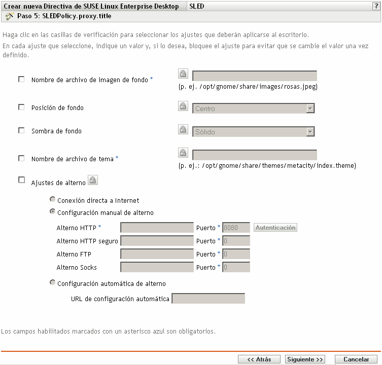 Página Valores de configuración de alterno (proxy) de SUSE Linux Enterprise Desktop