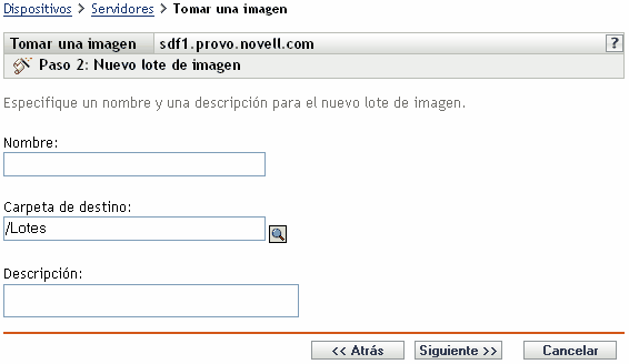 Página del paso 2 para crear un lote nuevo: Nuevo lote de imagen (campos Nombre, Carpeta de destino y Descripción)