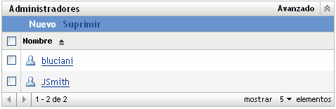 Lista Administradores de la página Configuración