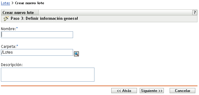 Paso 3 para crear un lote nuevo: Definir información general (campos Nombre, Carpeta y Descripción)