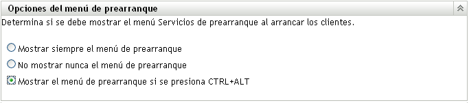 Sección Opciones del menú de prearranque